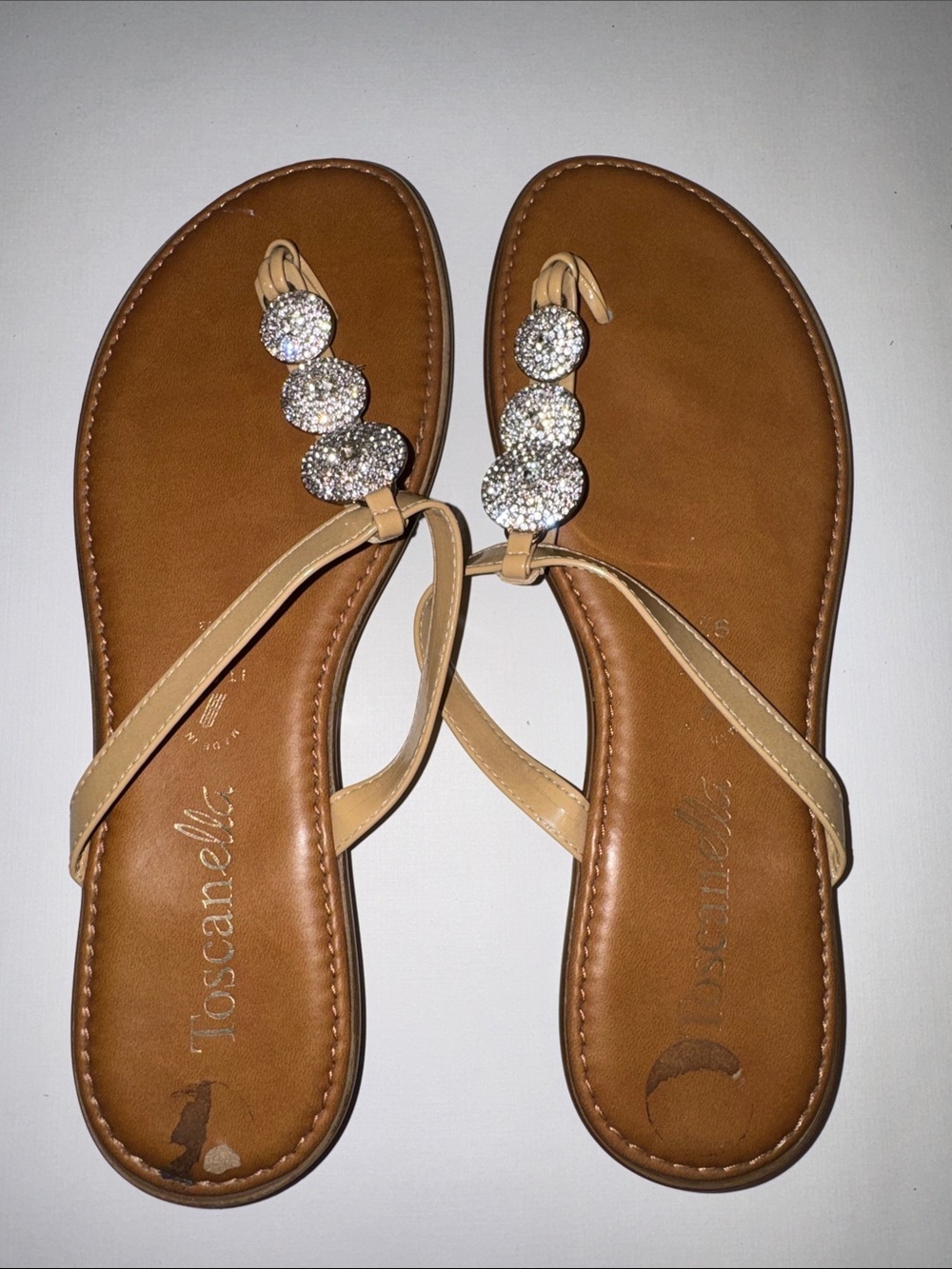 Nude Crystal T-Strap Sandals
